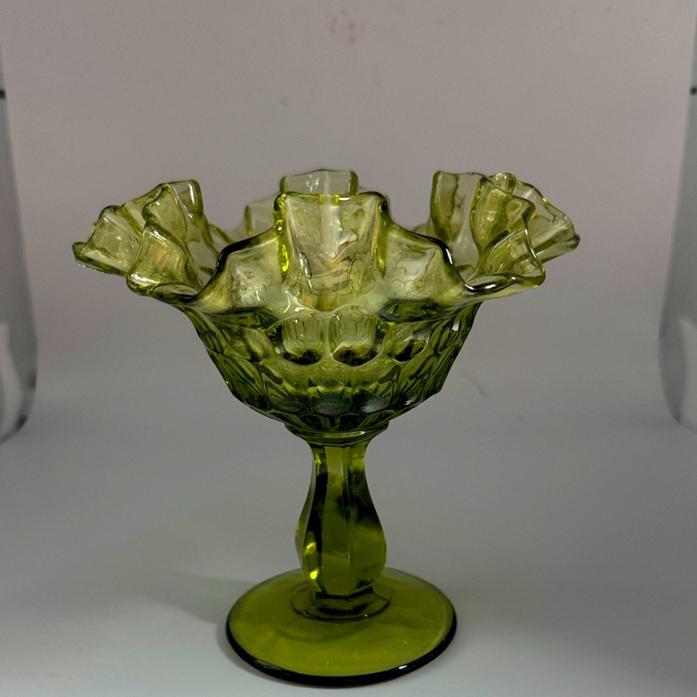 Vintage ?Fenton? Green Thumbprint Ruffled Edge Compote or Candy Dish